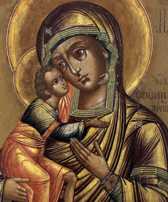 Старинная икона "Богоматерь Феодоровская (Федоровская)" с предстоящими Ангелом Хранителем и святой Анной - фото 2