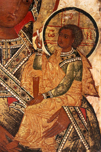 Старинная икона "Богоматерь Шуйско-Смоленская" в окладе с бисером, жемчугом и камнями - фото 4