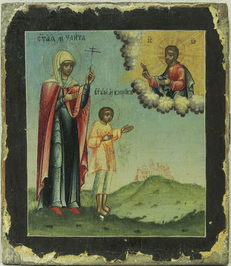 Редкая старинная икона "Святая Улита и святой Кирик" в серебряном окладе - фото 2