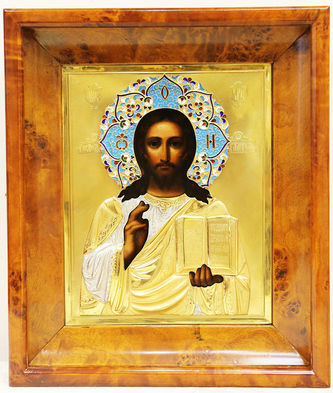 Антикварная икона "Господь Вседержитель" в окладе с перегородчатой эмалью - фото 3