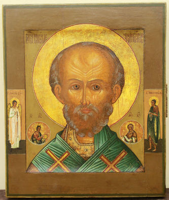 Старинная икона "святой Николай Чудотворец оплечный" с предстоящими