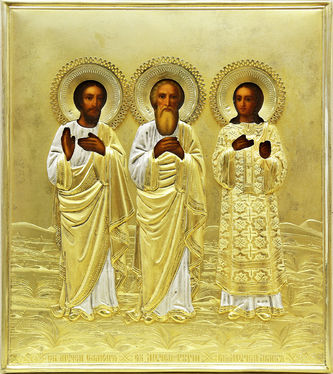 Фабрика Галкиных Семена и Петра
Старинная икона для семейного счастья - "Святые мученики Самон, Гурий и Авив - покровители семейного очага" в серебряном окладе - фото 2