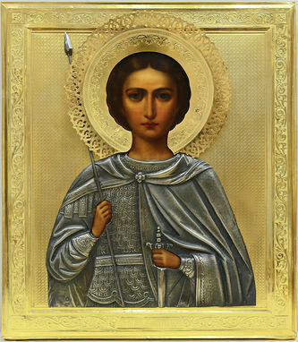 Старинная икона "Великомученик Димитрий Солунский" в серебряном окладе - фото 2