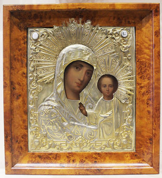 Старинная икона "Богоматерь Казанская" в окладе в русско-византийском стиле - фото 4