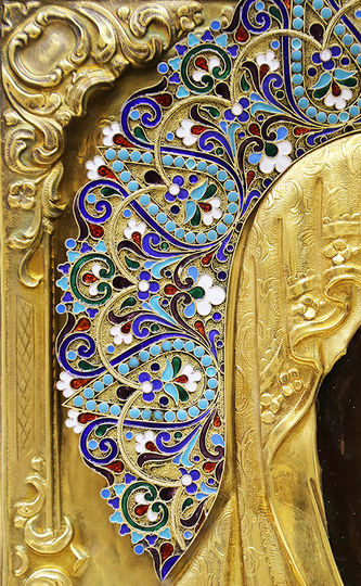 Старинная икона "Богоматерь Казанская" в окладе с эмалью - фото 3