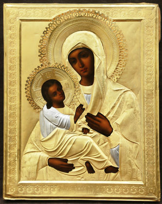 Фабрика Галкиных Семёна и Петра
Очень редкая старинная икона "Богоматерь Холмская" в серебряном окладе