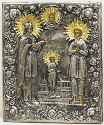 Старинная икона "великомученик Артемий Веркольский, Святая Улита и святой Кирик" в окладе