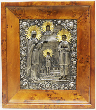 Старинная икона "великомученик Артемий Веркольский, Святая Улита и святой Кирик" в окладе - фото 4