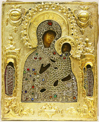 Старинная икона "Богоматерь Тихвинская" в окладе с камнями и бисером