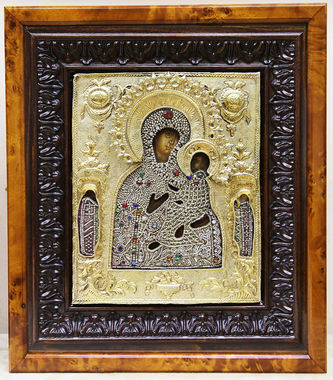 Старинная икона "Богоматерь Тихвинская" в окладе с камнями и бисером - фото 5