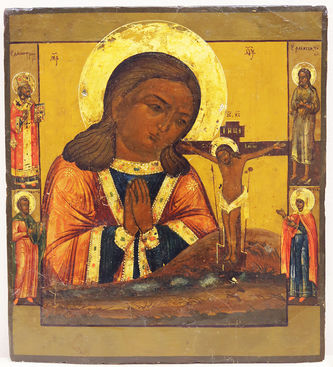 Старинная икона Божией Матери "Ахтырская" с предстоящими - святым Димитрием, св. муч. Никитой, св. Алексием, св. муч.Татьяной в серебряном окладе - фото 2