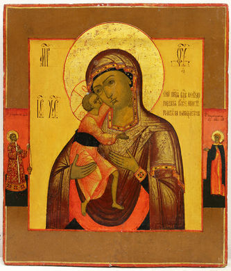 Старинная икона "Богоматерь Феодоровская" в серебряном окладе с предстоящими святыми - фото 2