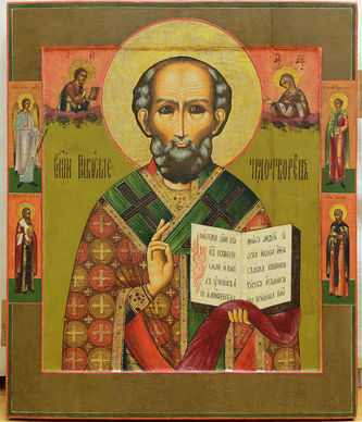 Большая старинная икона "Николай Чудотворец" с предстоящими святыми