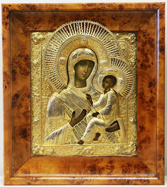 Старинная икона "Богоматерь Тихвинская" в окладе с цветочным декором - фото 4