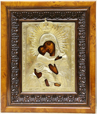 Антикварная икона "Богоматерь Владимирская" в окладе с короной - фото 3