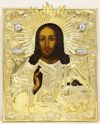 Старинная икона "Господь Вседержитель с державой и скипетром" в окладе