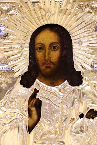 Старинная икона "Господь Вседержитель с державой и скипетром" в окладе - фото 2