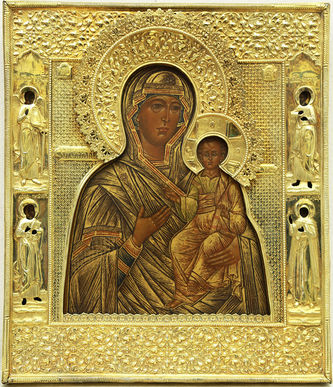 Старинная икона "Богоматерь Смоленская" в окладе с предстоящими