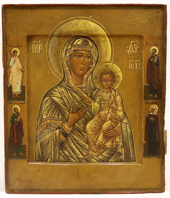 Старинная икона "Богоматерь Смоленская" в окладе с предстоящими - фото 2