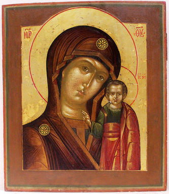 Старинная икона "Богоматерь Казанская" в окладе с венцом и короной - фото 2