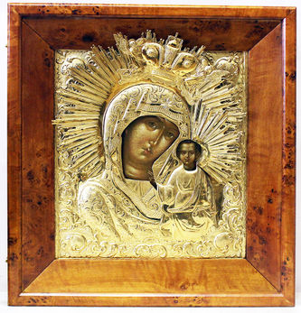 Старинная икона "Богоматерь Казанская" в окладе с венцом и короной - фото 4