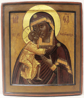 Старинная икона "Богоматерь Феодоровская" в окладе, украшенном пальметтами - фото 2
