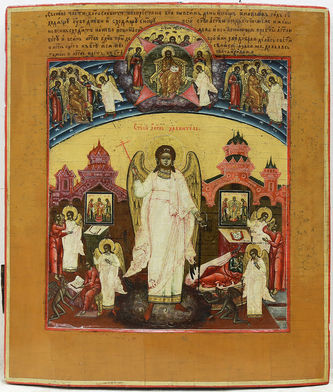 Редкая старинная икона "Святой Ангел Хранитель со сценами жития"