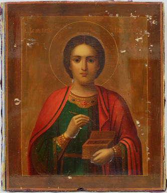 Старинная икона "Святой великомученик целитель Пантелеймон" в серебряном окладе - фото 2