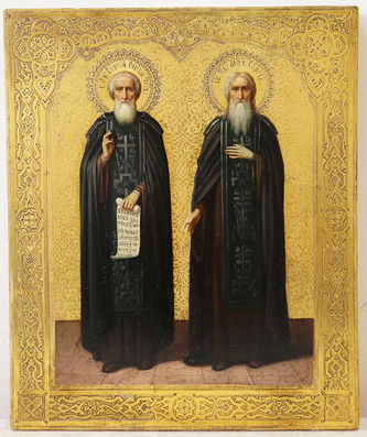 Старинная икона "Святой преподобный Сергий Радонежский и преподобный Се́ргий Валаамский"
