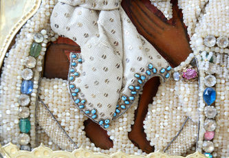 Старинная икона "Богоматерь Феодоровская" в ризе с бисером и камнями - фото 4