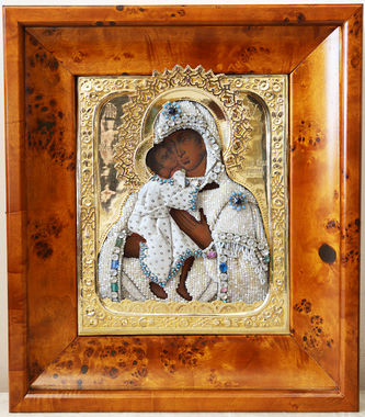 Старинная икона "Богоматерь Феодоровская" в ризе с бисером и камнями - фото 5