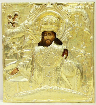 Старинная икона "Святитель Димитрий, митрополит Ростовский" в серебряном окладе