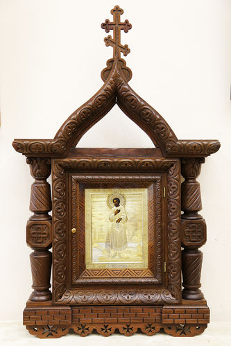 Старинная икона "Симеон Верхотурский" в окладе, в резном киоте в «Русском стиле»