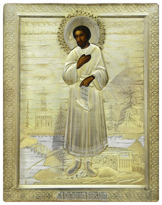 Старинная икона "Симеон Верхотурский" в окладе, в резном киоте в «Русском стиле» - фото 2