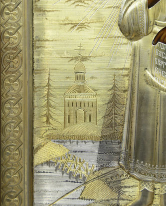 Старинная икона "Симеон Верхотурский" в окладе, в резном киоте в «Русском стиле» - фото 3