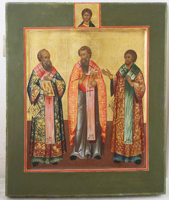 Старинная икона "Собор трёх святителей: Григорий Богослов, Василий Великий и Иоанн Златоуст" в окладе - фото 2