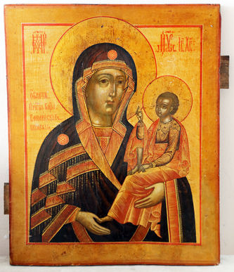 Большая старинная икона "Богоматерь Смоленско-Шуйская" в окладе с камнями и пальметтами - фото 2