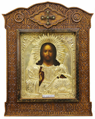 Фабрика Семёнова В.С.
Старинная икона "Господь Вседержитель" в окладе с выемчатой эмалью