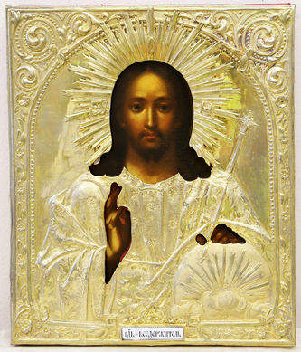 Фабрика Семёнова В.С.
Старинная икона "Господь Вседержитель" в окладе с выемчатой эмалью - фото 2