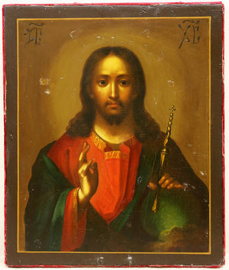 Фабрика Семёнова В.С.
Старинная икона "Господь Вседержитель" в окладе с выемчатой эмалью - фото 3