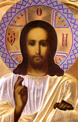 Старинная икона "Господь Вседержитель" в окладе с выемчатой эмалью - фото 2