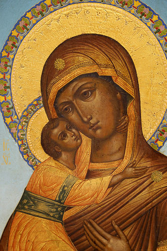 Старинная икона "Владимирская Богоматерь" в стиле русского модерна с изображением херувимов - фото 3