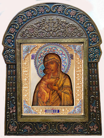 Старинная икона "Богоматерь Феодоровская" в окладе с эмалью