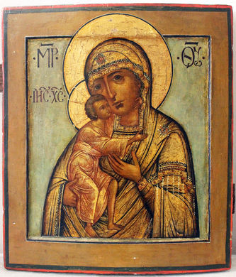 Старинная икона "Богоматерь Феодоровская" в окладе с эмалью - фото 3