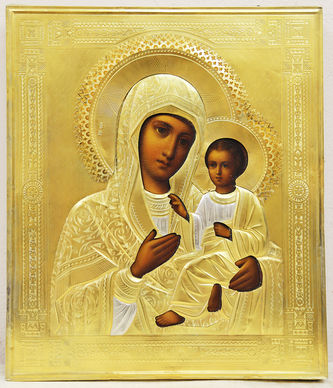 Старинная икона "Богоматерь Тихвинская" в окладе