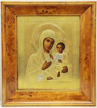 Старинная икона "Богоматерь Тихвинская" в окладе - фото 5