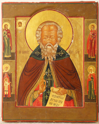 Старинная икона "Святой Пафнутий" в окладе с предстоящими - фото 3