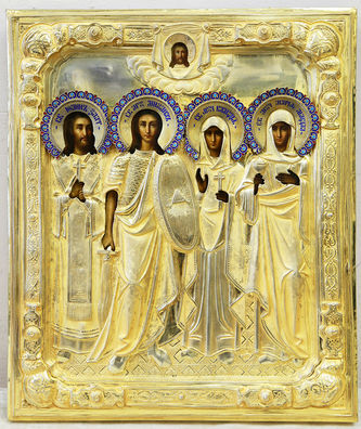 Старинная икона "Святые Иоанн Златоуст, архангел Михаил, мученица Клавдия, мученица Мария Магдалина" в окладе