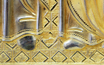 Старинная икона "Святые Иоанн Златоуст, архангел Михаил, мученица Клавдия, мученица Мария Магдалина" в окладе - фото 4