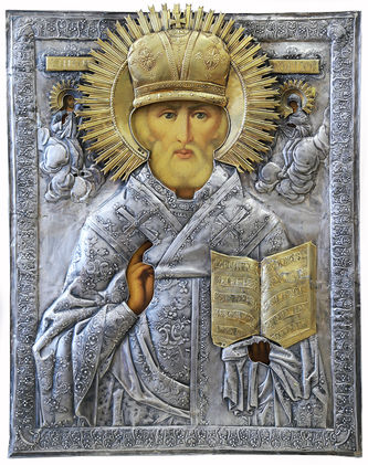 Большая старинная икона "Святитель Николай Чудотворец" в окладе